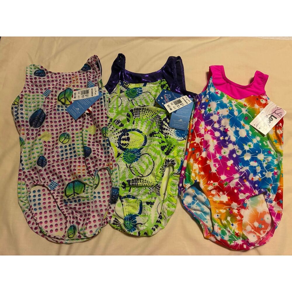 Lot 3 Girls Gymnastics Leotards Motionwear Look-It Colorful Peace Sign USA